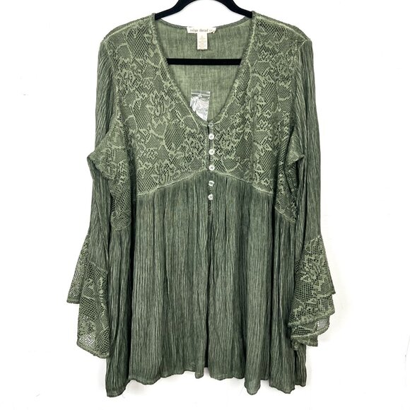 NWOT Indigo Thread Co Lace Bust Bell Sleeve Crepe Knit Top Olive Green 2X cg - Picture 1 of 5